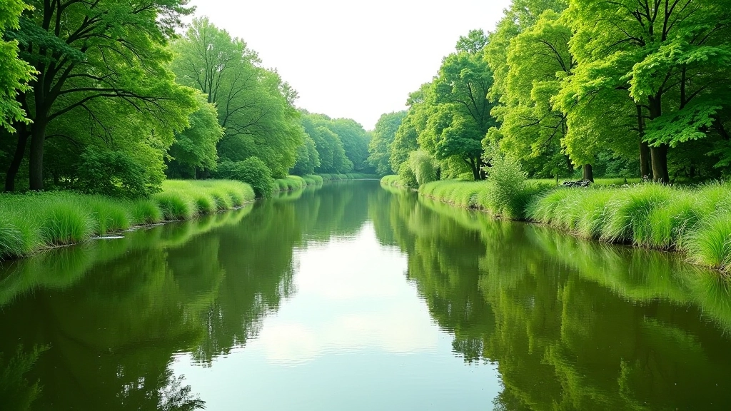 Minijos upės pakrantė su žalia vegetation ir ramu vandeniu